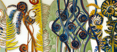 Irène Pijoan, Ferns from the Bay Area Plant Series, 2003, hand-painted, water-cut aluminum panels, 42 x 98 inches.